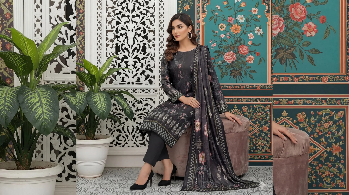 Grey Printed Lawn 3 Piece Unstitched Suit for Women