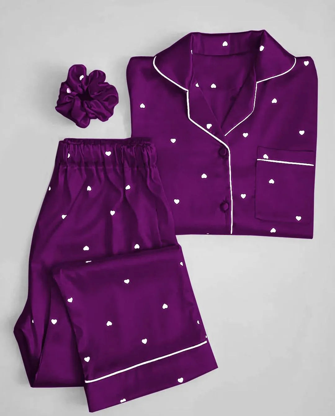 Premium Silk Heart Print Night Suit Set with Matching Hair Scrunch for Women
