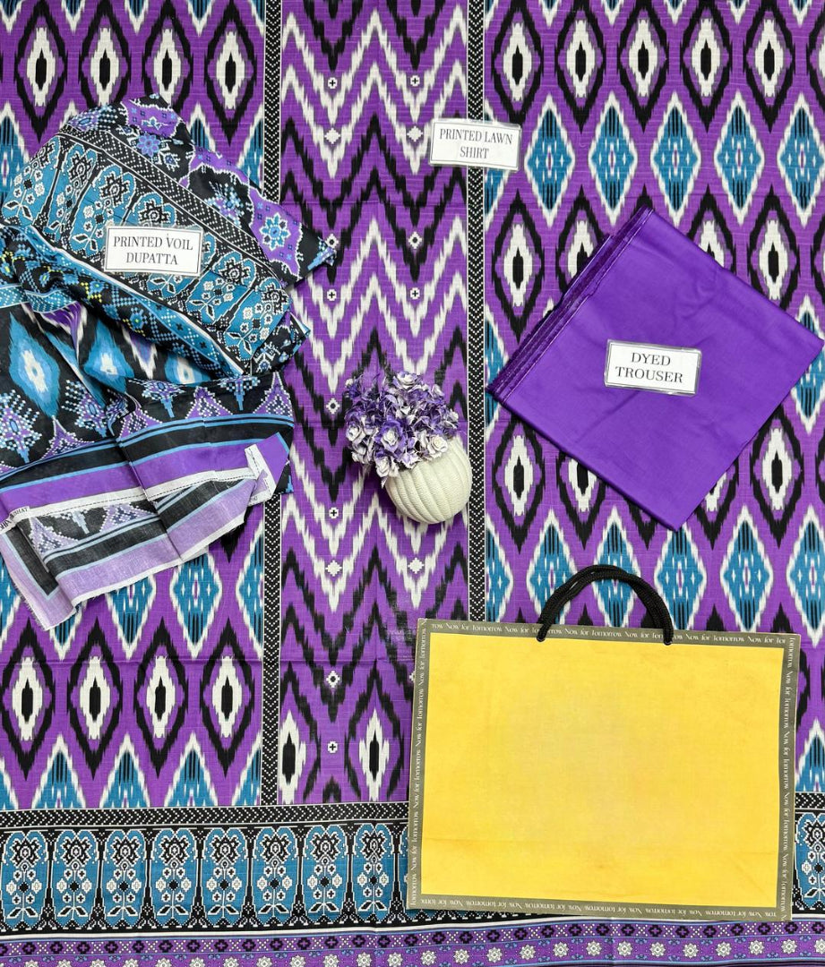 Unstitched Printed Suit Purple Dobby Lawn 3Pc