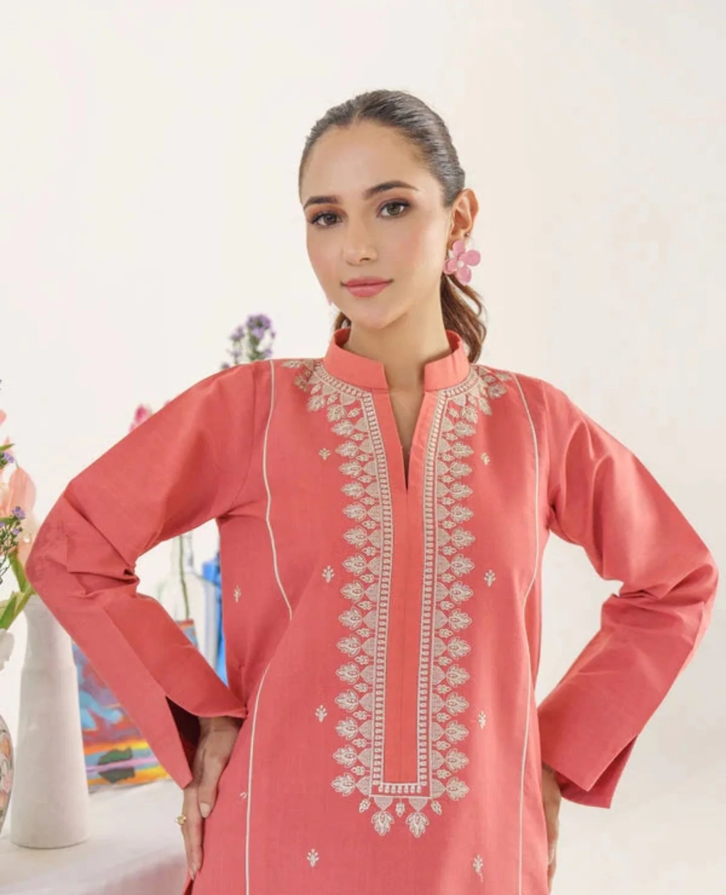 Pink Embroidered 3-Piece Dhanak Suit with Digital Print Wool Dupatta