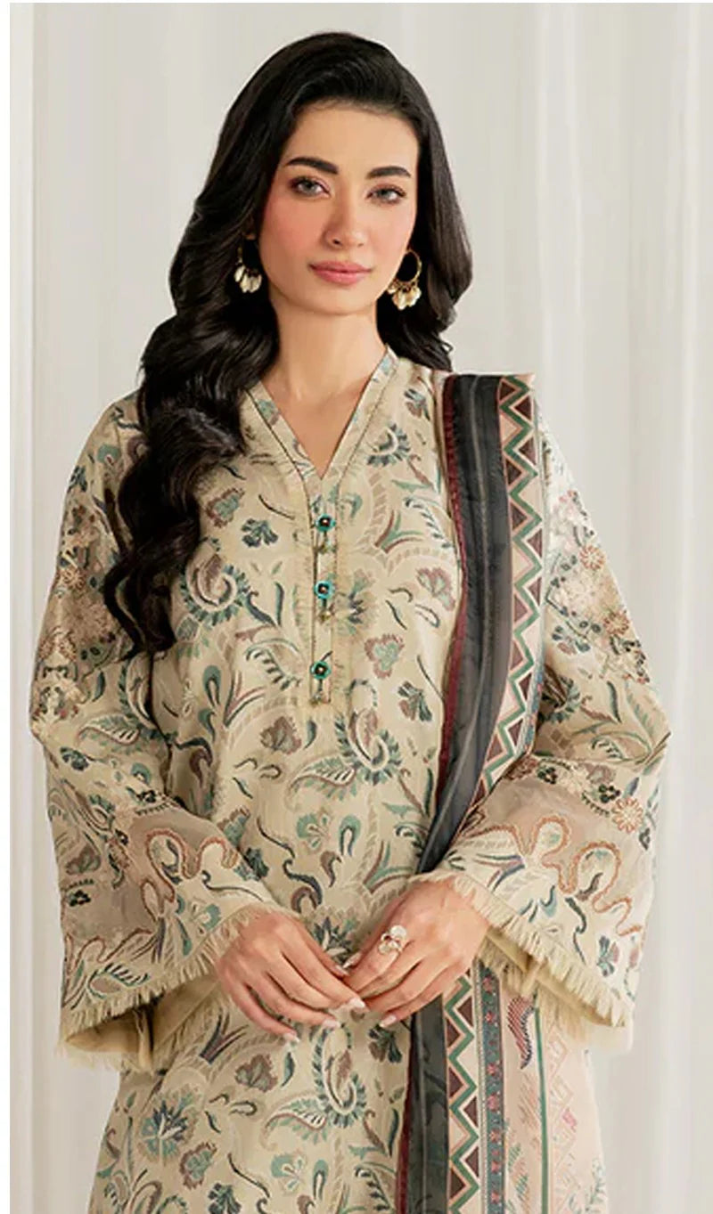 Off White Printed Embroidered Lawn 3 Piece Suit for Women with Printed Dupatta