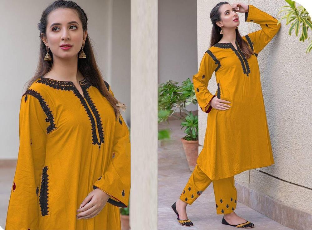 Women Linen Embroidered Shirt Trouser Set – Medium Size 2 Piece Stitched Suit