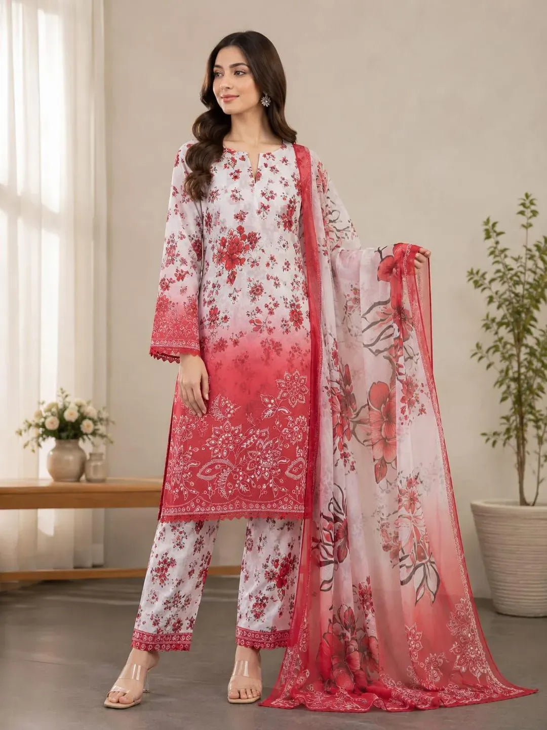 Premium Red Printed Lawn 3 Piece Unstitched Suit with Embroidered Daman for Women