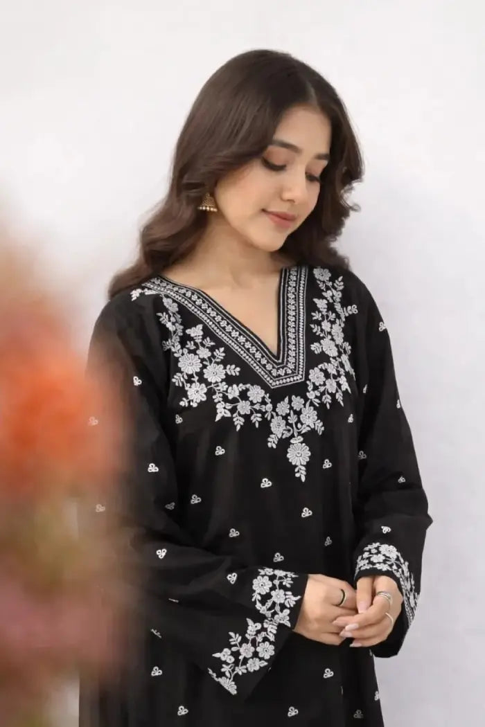 Black Embroidered Lawn Shirt with Cotton Trouser 2-Piece Suit for Women