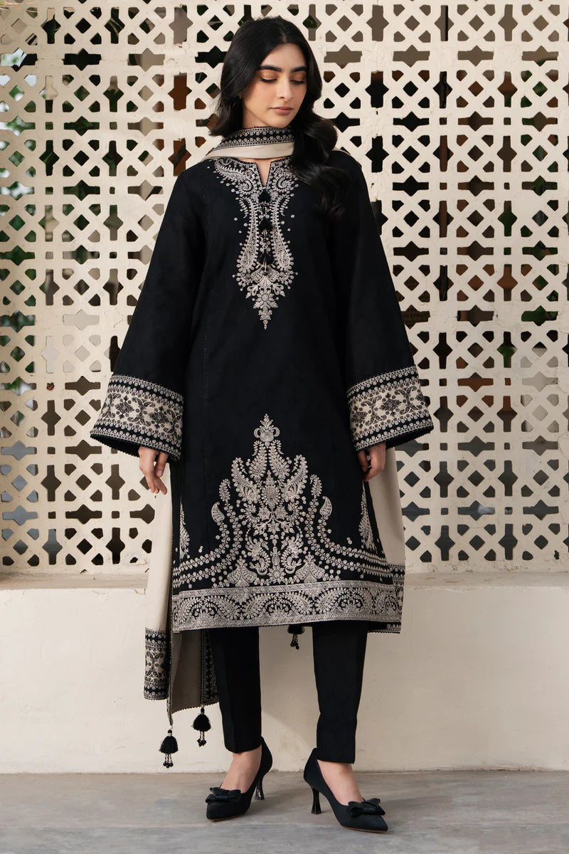 Black Embroidered Kurta Set with Beige Shawl for Women