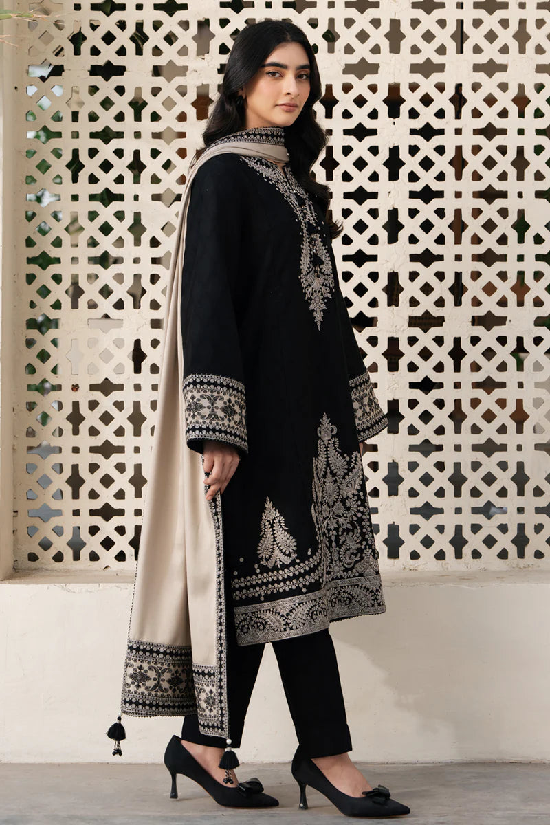 Black Embroidered Kurta Set with Beige Shawl for Women