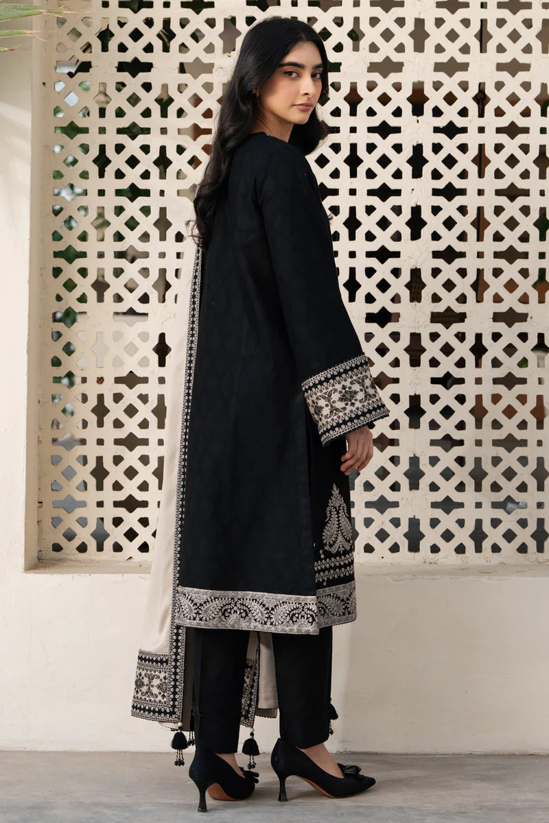 Black Embroidered Kurta Set with Beige Shawl for Women