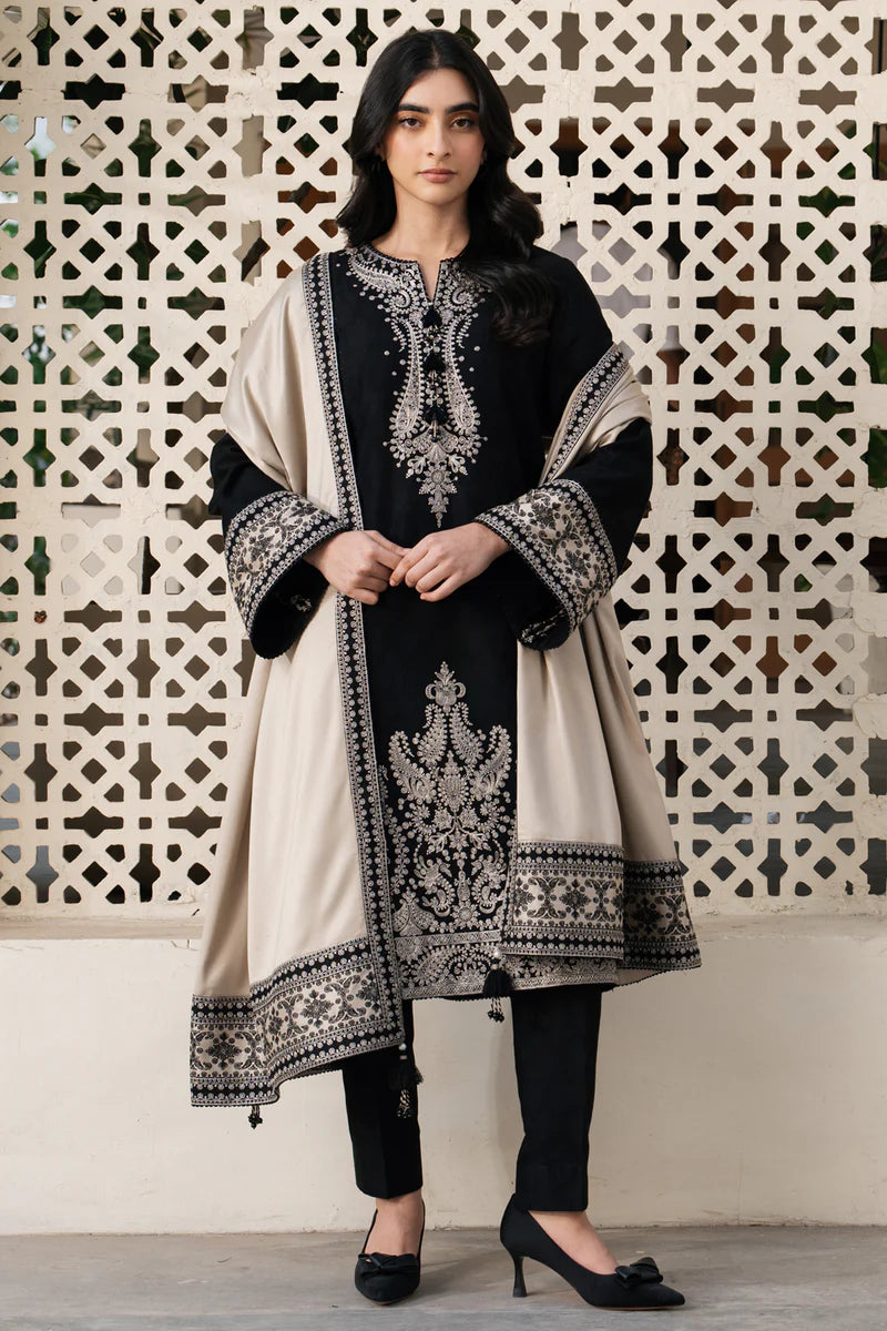 Black Embroidered Kurta Set with Beige Shawl for Women