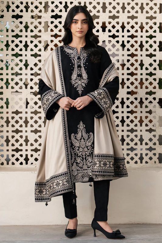 Black Embroidered Kurta Set with Beige Shawl for Women
