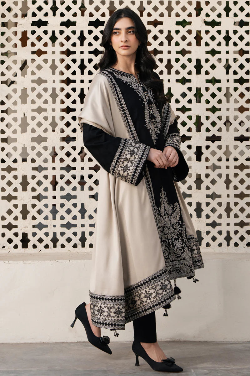 Black Embroidered Kurta Set with Beige Shawl for Women