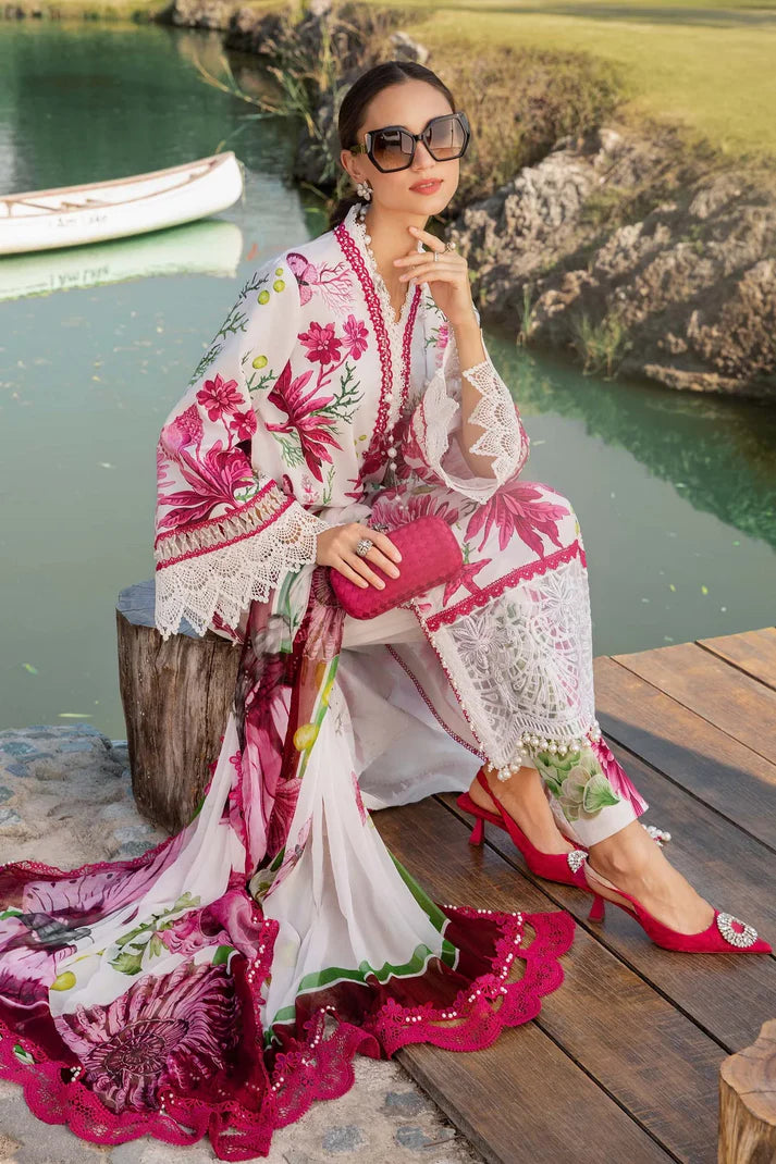 Pink Floral Butterfly Printed Lawn 3 Piece Suit with Printed Bamber Dupatta for Women