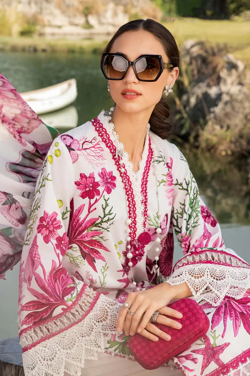 Pink Floral Butterfly Printed Lawn 3 Piece Suit with Printed Bamber Dupatta for Women