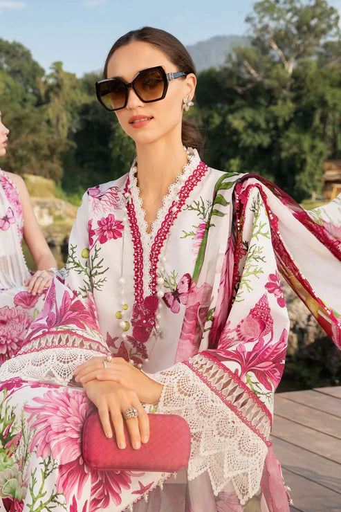 Pink Floral Butterfly Printed Lawn 3 Piece Suit with Printed Bamber Dupatta for Women