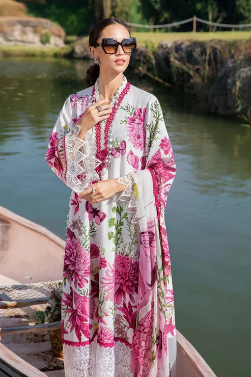 Pink Floral Butterfly Printed Lawn 3 Piece Suit with Printed Bamber Dupatta for Women
