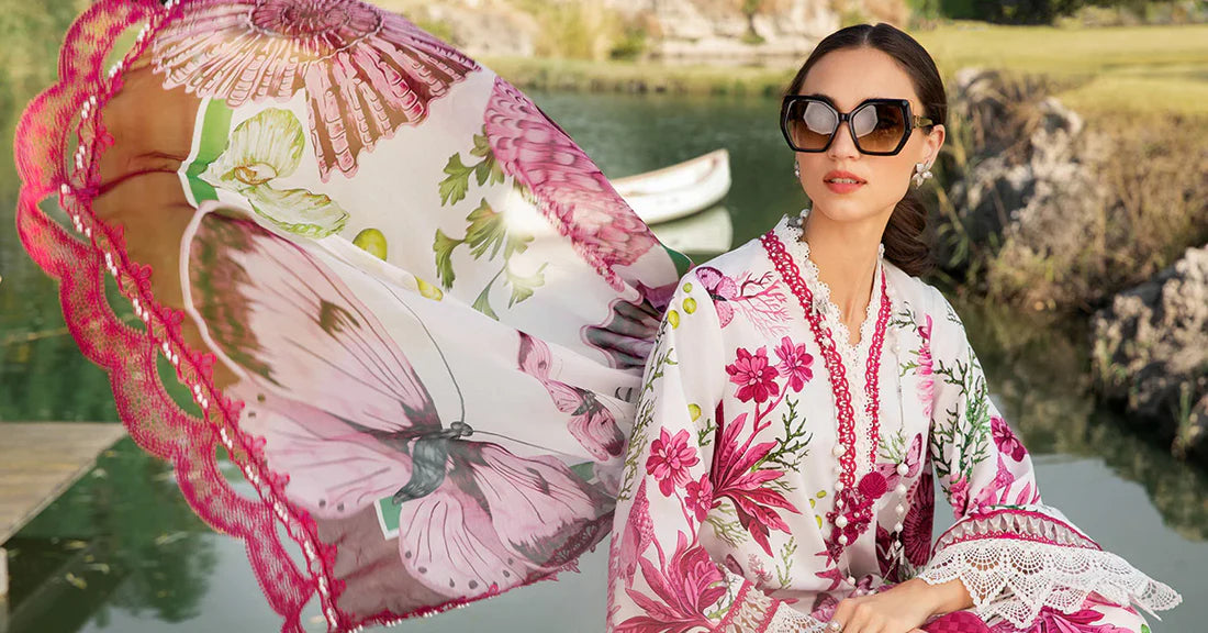 Pink Floral Butterfly Printed Lawn 3 Piece Suit with Printed Bamber Dupatta for Women