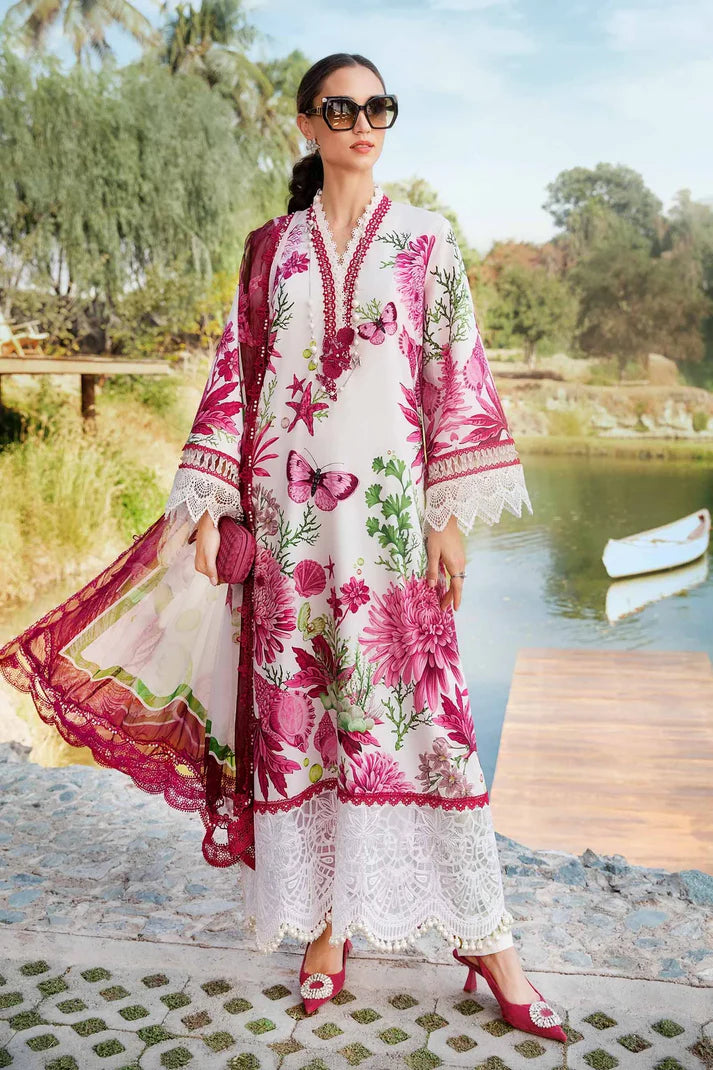 Pink Floral Butterfly Printed Lawn 3 Piece Suit with Printed Bamber Dupatta for Women