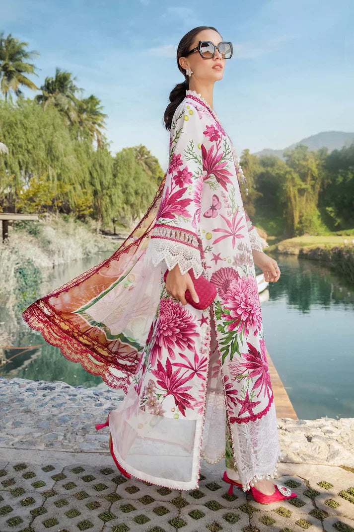 Pink Floral Butterfly Printed Lawn 3 Piece Suit with Printed Bamber Dupatta for Women