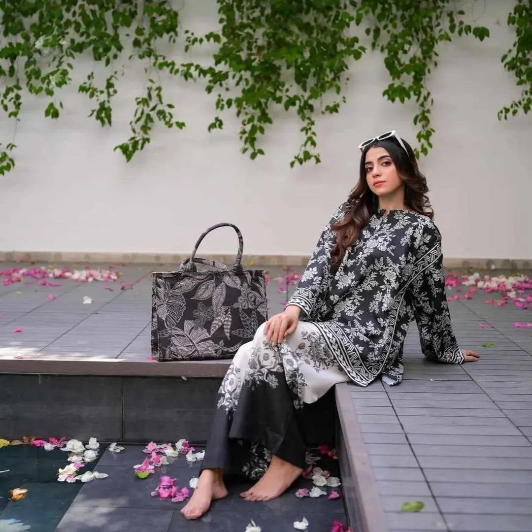 Black Digital Printed Raw Silk 2-Piece Cord Set for Women | Premium Stitched Shirt & Trouser