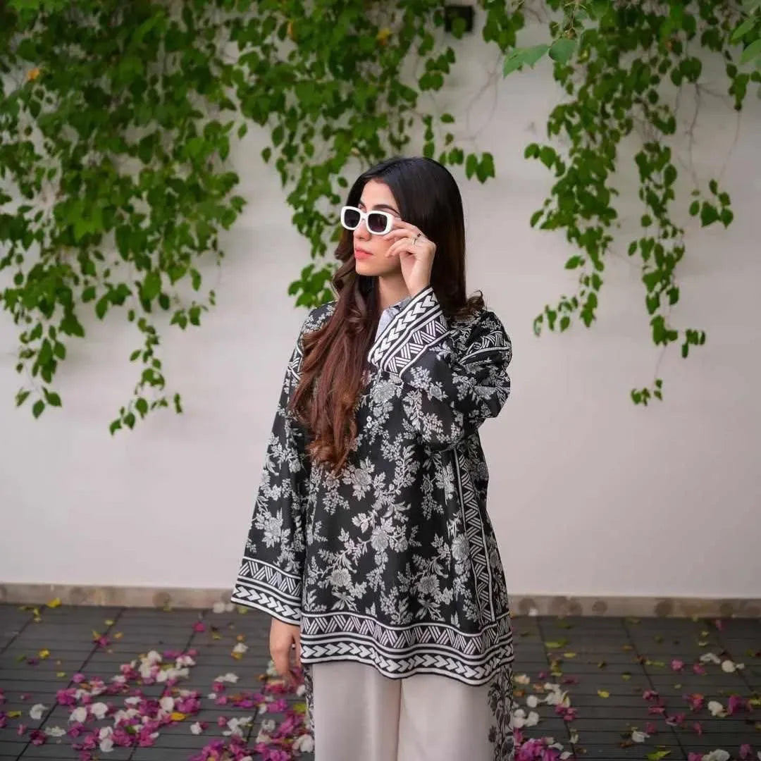 Black Digital Printed Raw Silk 2-Piece Cord Set for Women | Premium Stitched Shirt & Trouser