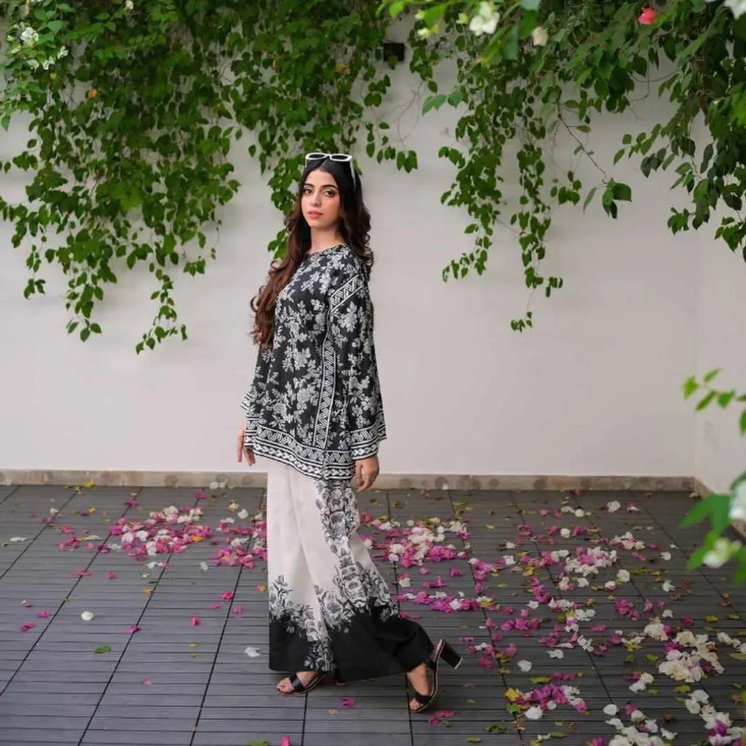 Black Digital Printed Raw Silk 2-Piece Cord Set for Women | Premium Stitched Shirt & Trouser