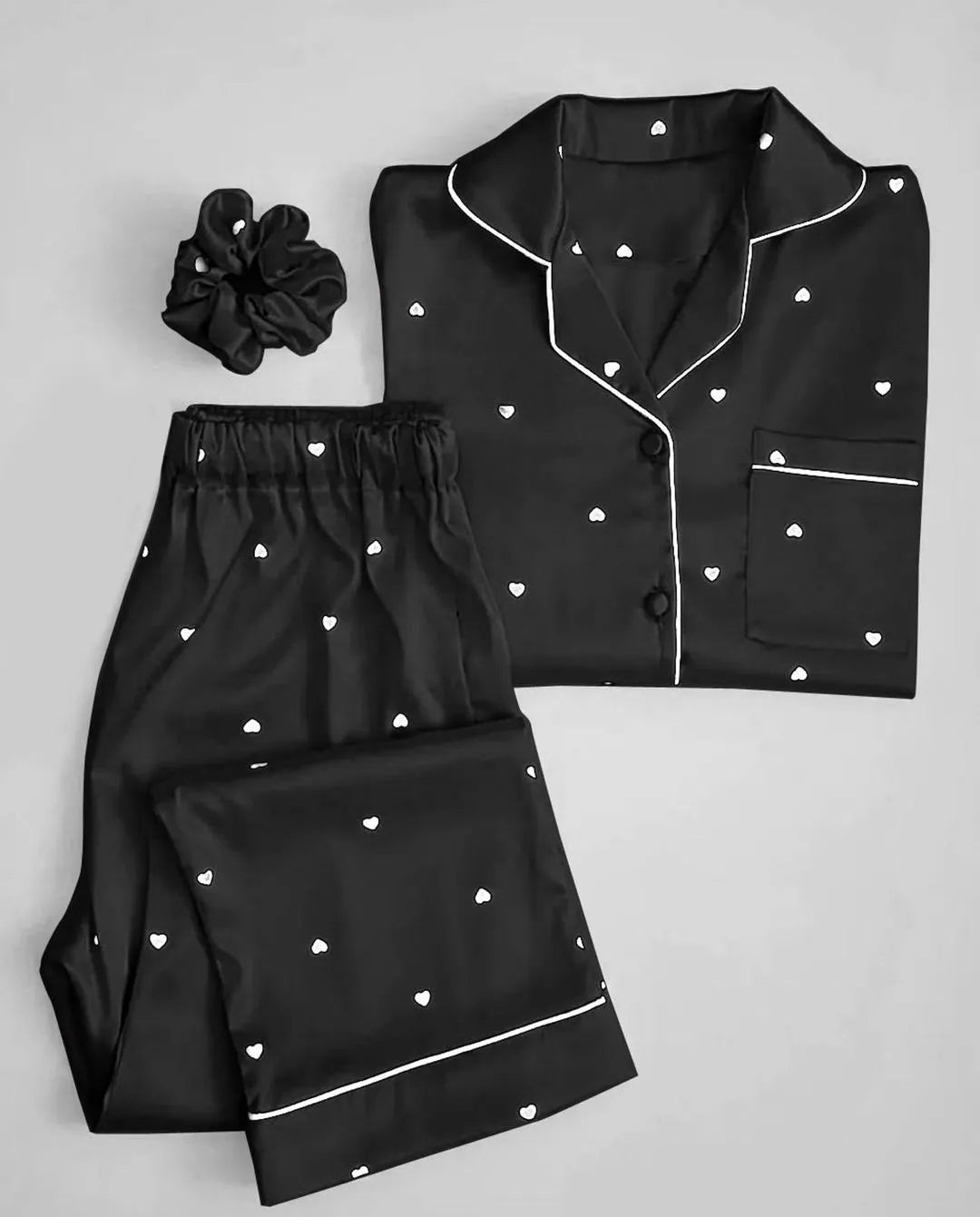 Premium Silk Heart Print Night Suit Set with Matching Hair Scrunch for Women