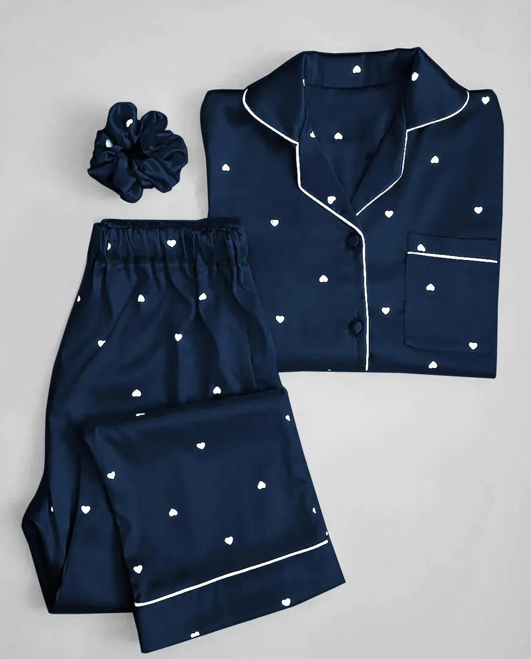 Premium Silk Heart Print Night Suit Set with Matching Hair Scrunch for Women