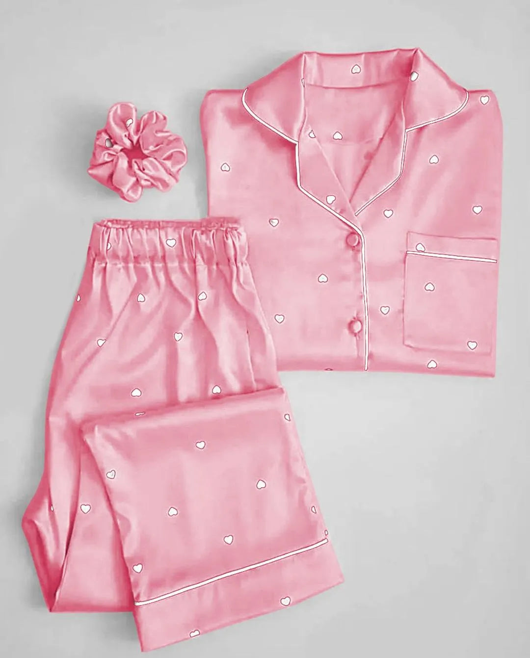 Premium Silk Heart Print Night Suit Set with Matching Hair Scrunch for Women