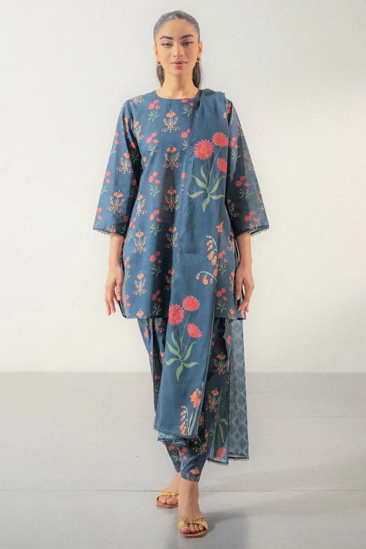Premium Blue Floral Printed Lawn 3 Piece Unstitched Suit with Matching Lawn Dupatta for Women