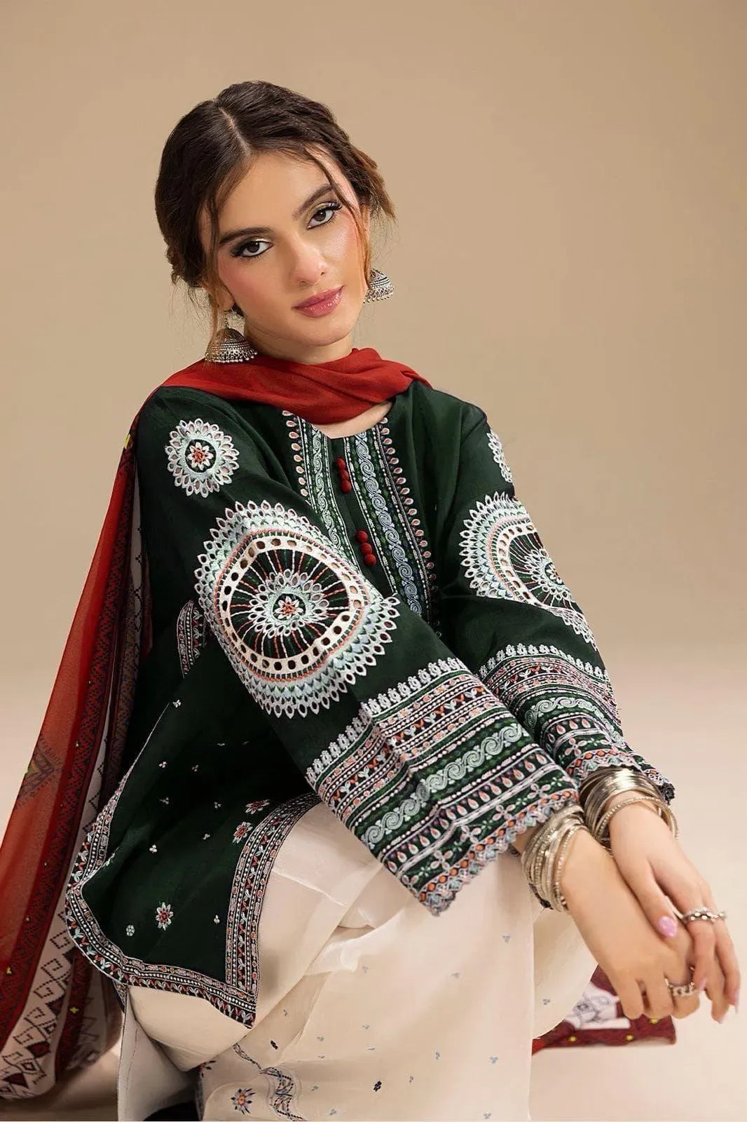 Green Embroidered 3-Piece Dhanak Suit for Women