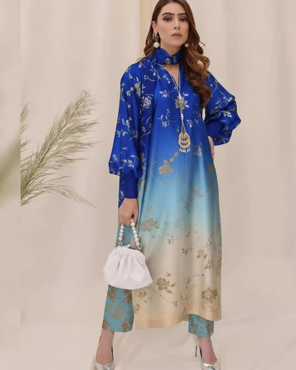 Premium Digital Printed Silk 3-Piece Suit for Women | Unstitched Shirt, Trouser & Silk Dupatta