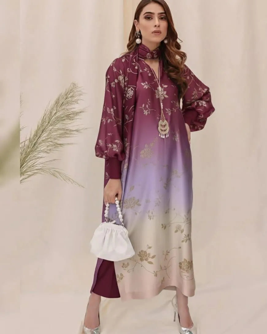 Premium Digital Printed Silk 3-Piece Suit for Women | Unstitched Shirt, Trouser & Silk Dupatta