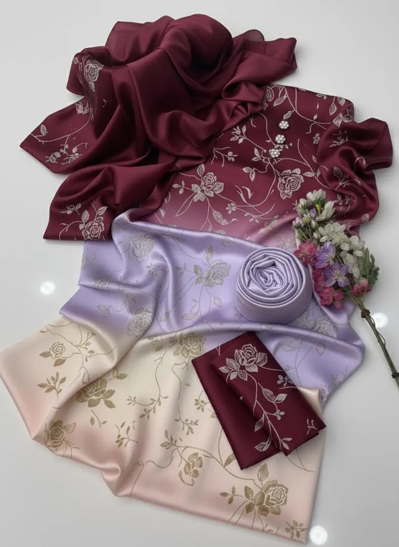 Premium Digital Printed Silk 3-Piece Suit for Women | Unstitched Shirt, Trouser & Silk Dupatta