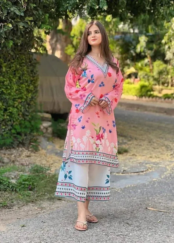Pink Printed Lawn Co-Ord Set for Women | 2 Piece Stitched Shirt & Trouser