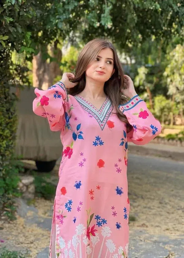 Pink Printed Lawn Co-Ord Set for Women | 2 Piece Stitched Shirt & Trouser