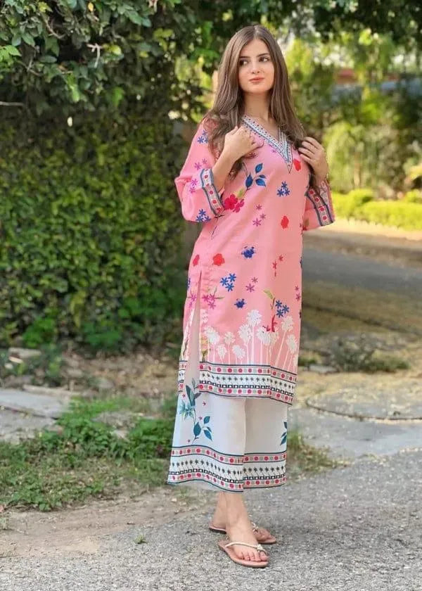 Pink Printed Lawn Co-Ord Set for Women | 2 Piece Stitched Shirt & Trouser