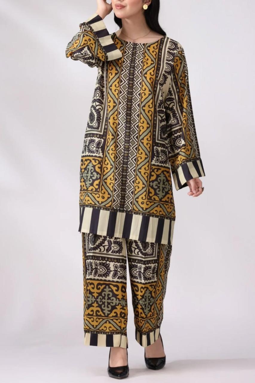 Women Printed Shirt Trouser Set Multicolor Geometric Design