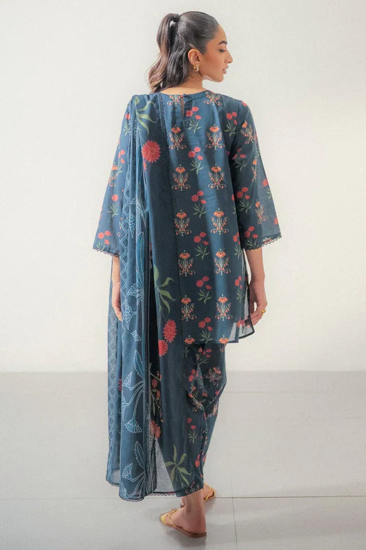 Premium Blue Floral Printed Lawn 3 Piece Unstitched Suit with Matching Lawn Dupatta for Women
