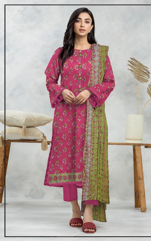 3-Piece Printed Dobby Lawn Suit Pink Floral