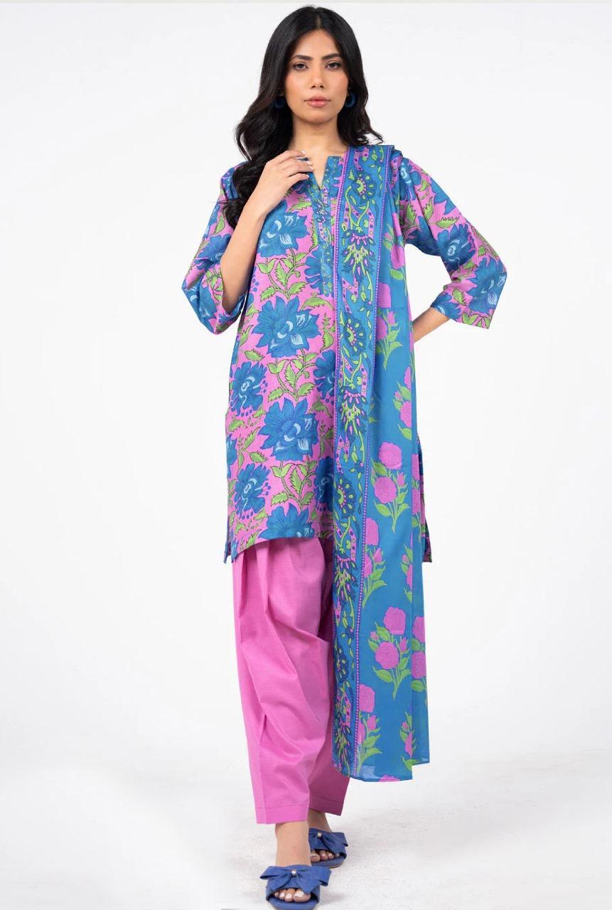 Unstitched Printed Lawn Suit Purple Blue Floral