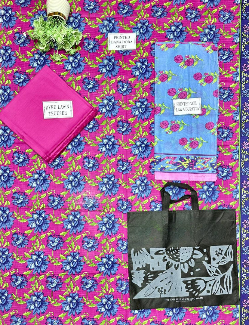 Unstitched Printed Lawn Suit Purple Blue Floral