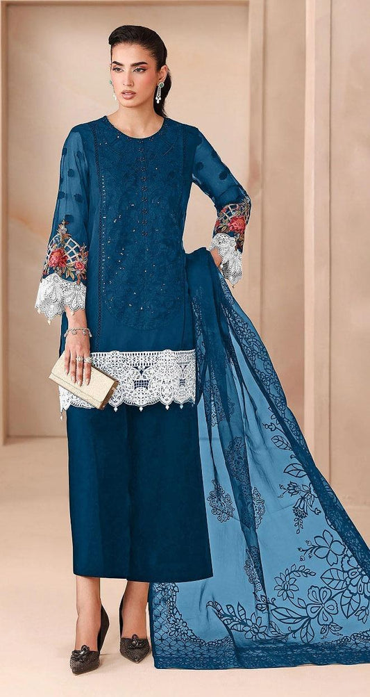 Premium Quality 3-Piece Viscose Suit Blue Embroidered