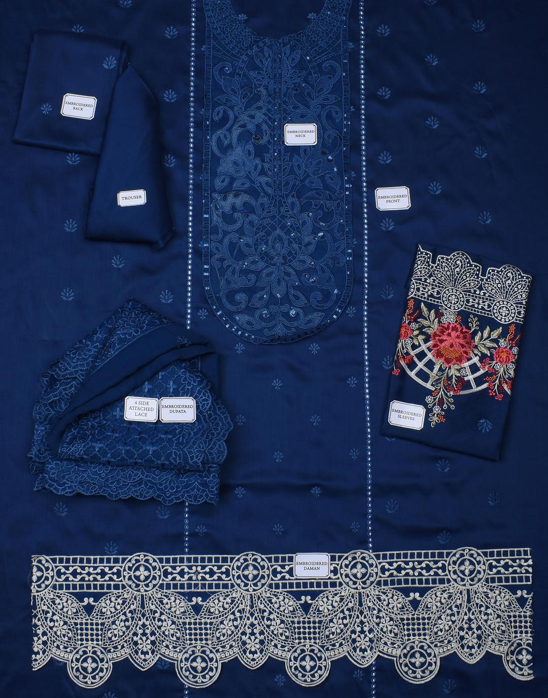 Premium Quality 3-Piece Viscose Suit Blue Embroidered