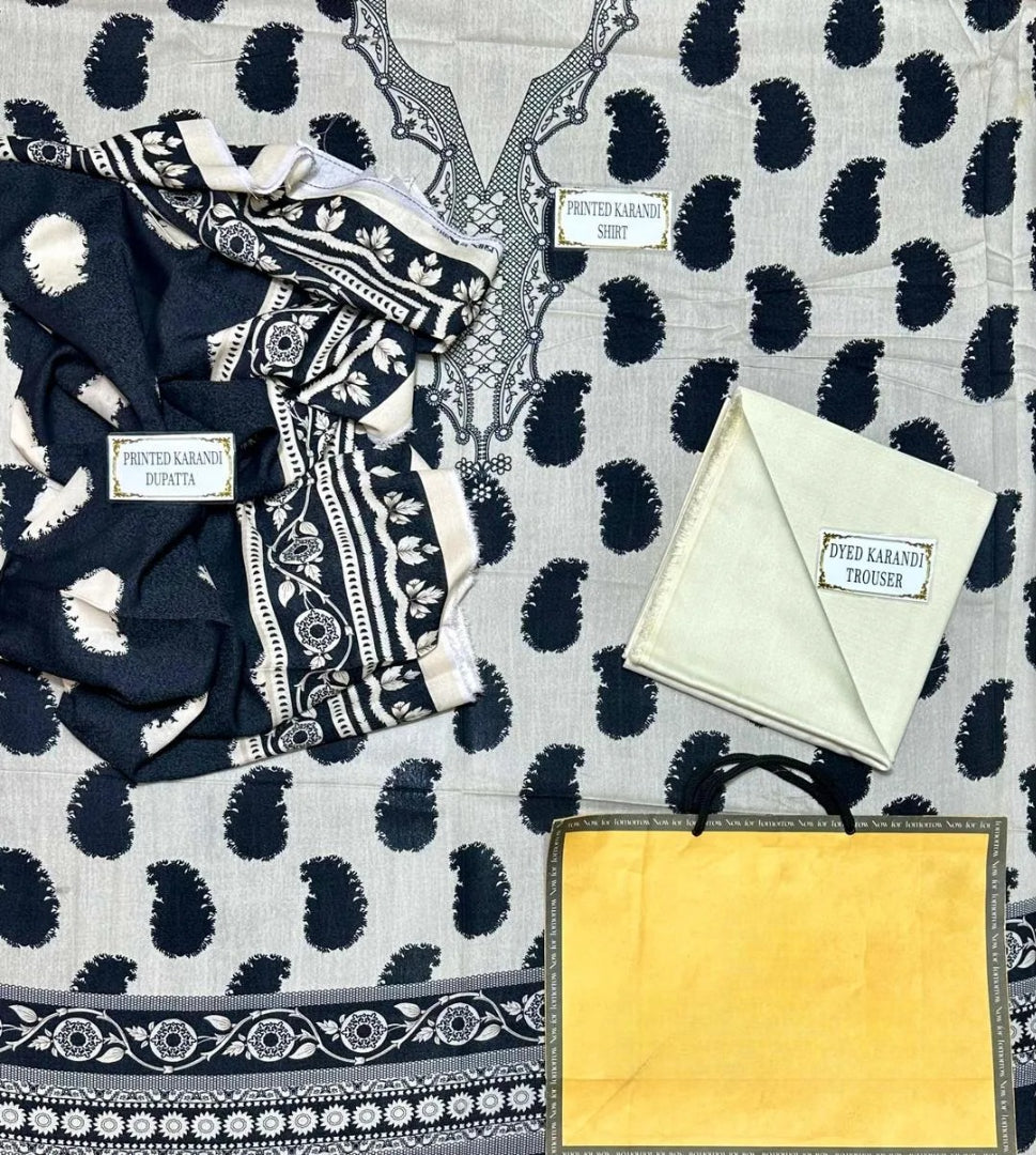 3-Piece Printed Karandi Suit Off-White Black