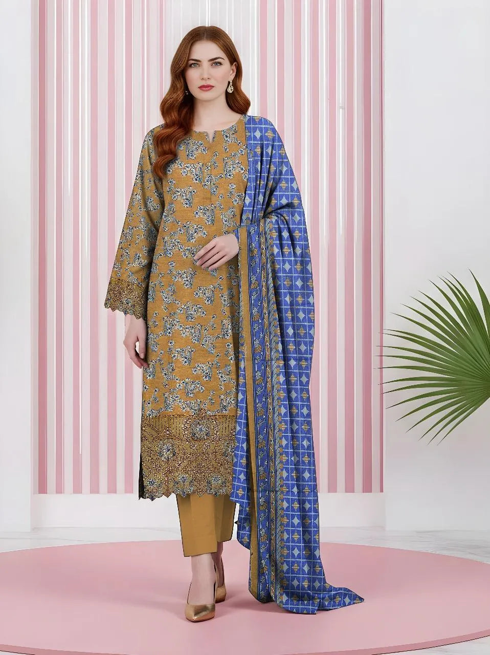 Golden Printed 3-Piece Khaddar Suit for Women