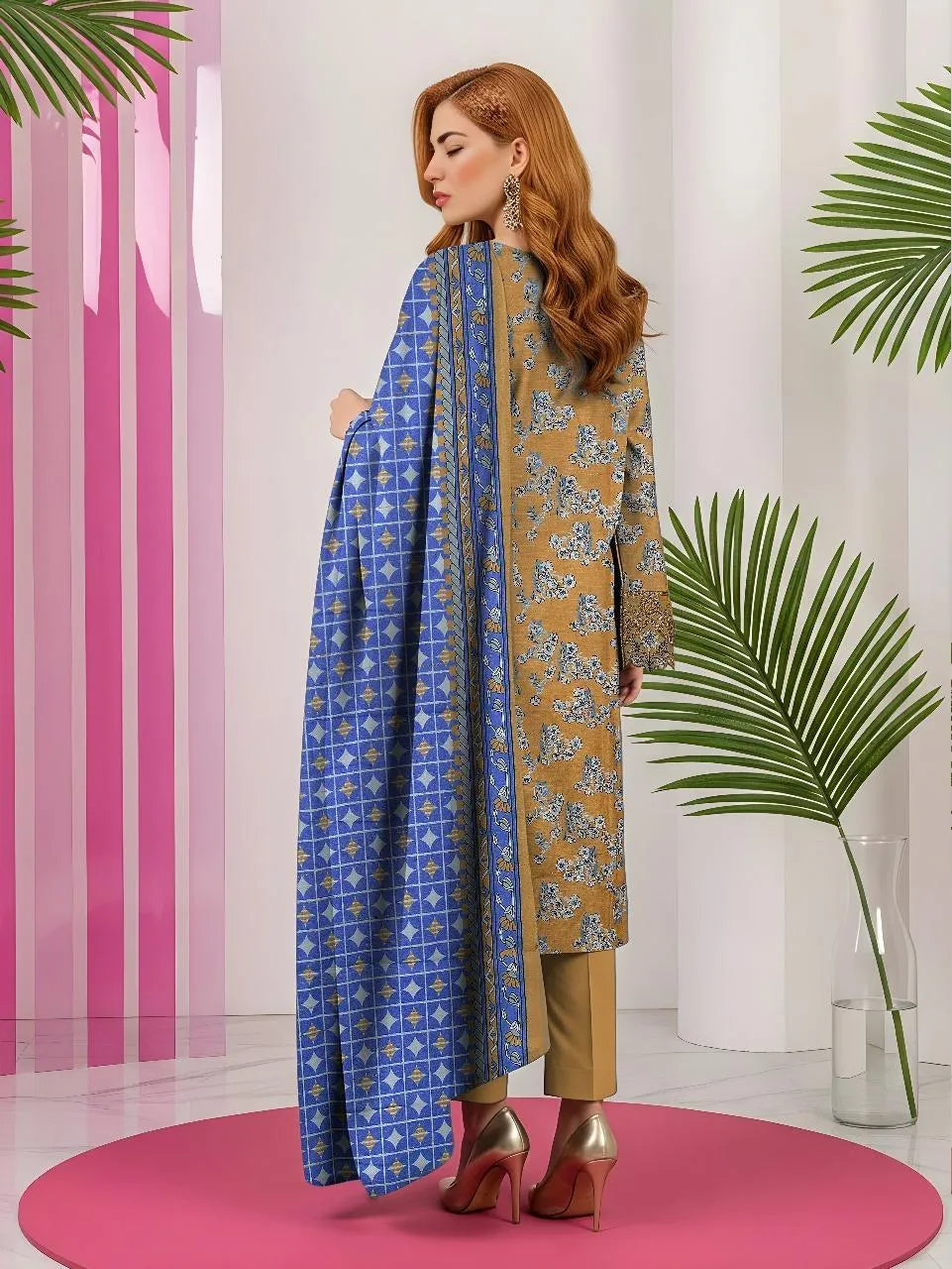 Golden Printed 3-Piece Khaddar Suit for Women