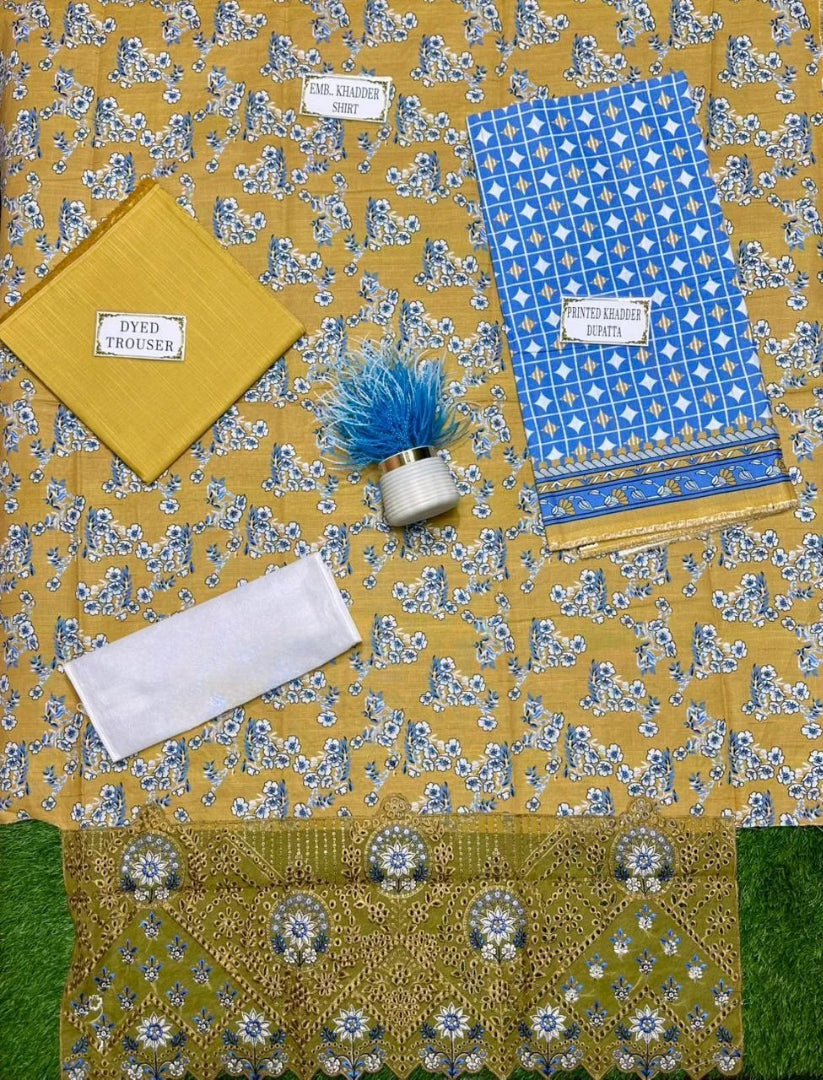 Golden Printed 3-Piece Khaddar Suit for Women