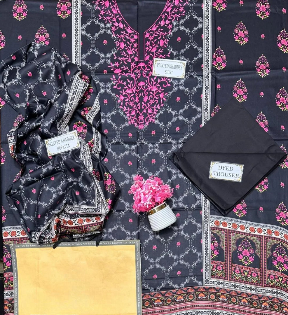 3-Piece Printed Linen Suit Black Pink Gold