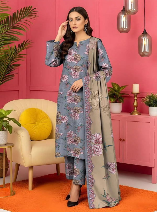 Grey Floral Printed 3-Piece Lawn Suit for Women