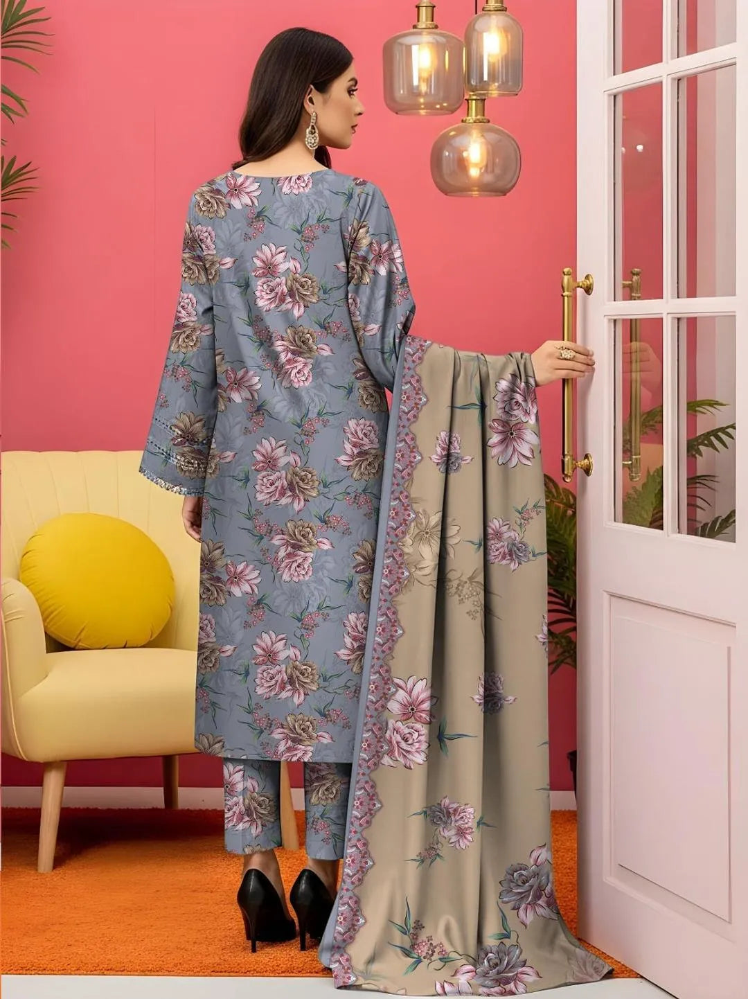 Grey Floral Printed 3-Piece Lawn Suit for Women