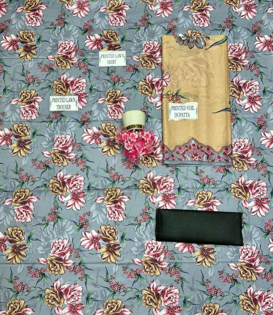 Grey Floral Printed 3-Piece Lawn Suit for Women